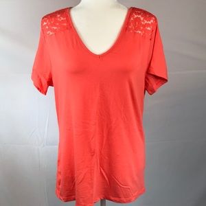 Ambiance-Orange v-neck Tee, lace detail neck, 3X